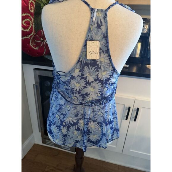 Free People Top Womens Small Blue Floral Boho Sleeveless Ruffle Tiered Summer - Picture 3 of 8